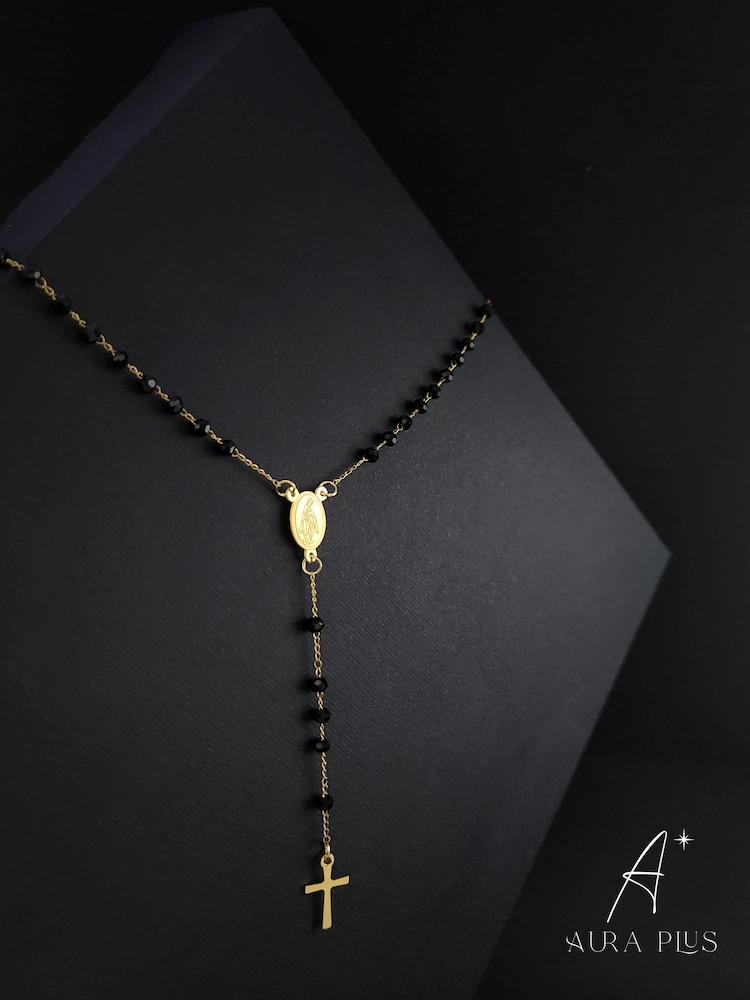 Black Crystal Mary Rosary — Gold