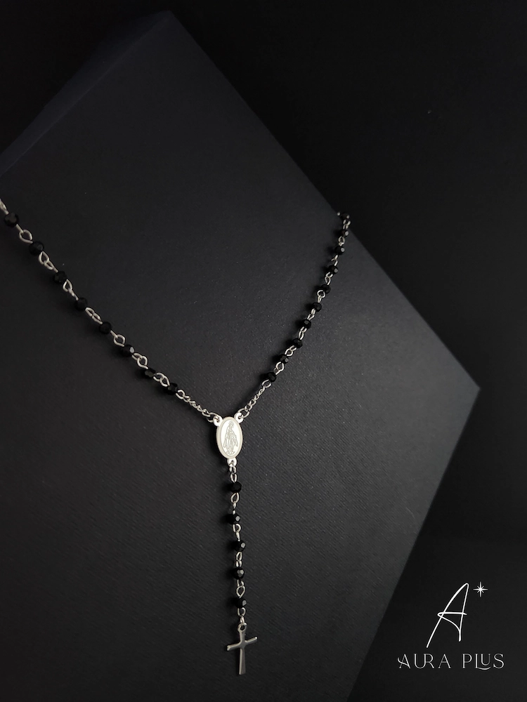 Black Crystal Mary Rosary — Silver